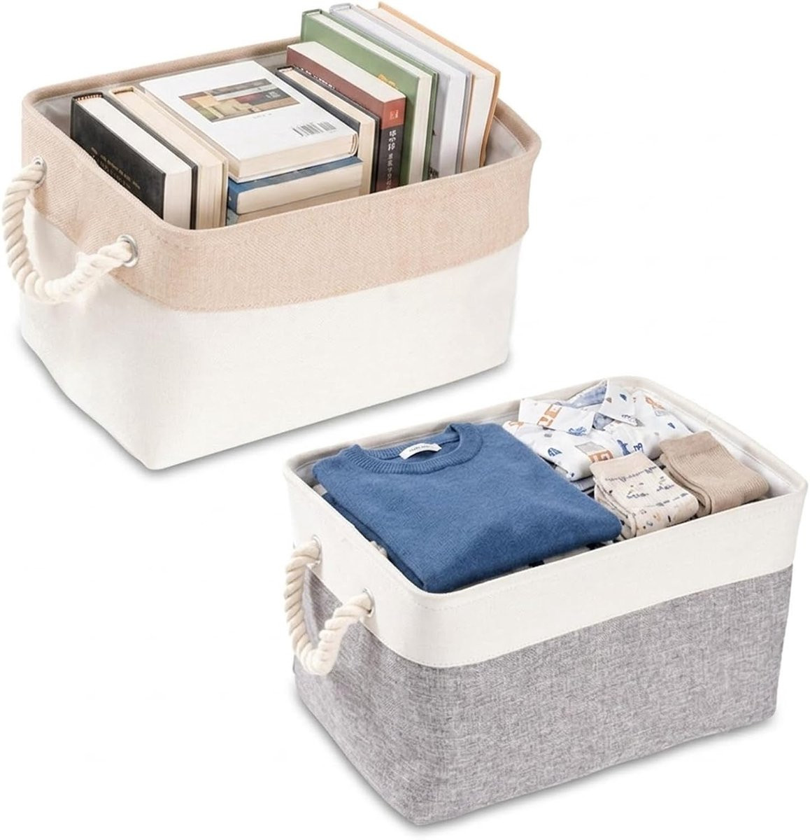 Opbergdozen met handvat grijs-wit, inklapbare opbergmand van textiel en metaal, B/D/H: 30 x 20 x 13 cm