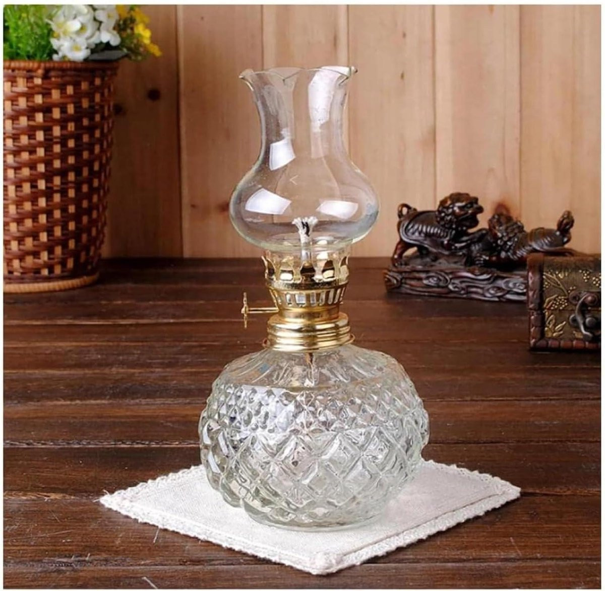 Vintage Glazen Lantaarn Binnen Olielamp Transparant Hoogte: 18.5 cm