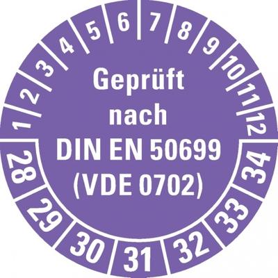 Dreifke® Prüfplakette Gepr.n.DIN EN 50699(VDE 0702) 28-34, violett, Doku.folie, Ø30mm, 108 Stk.