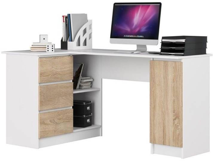 Grand bureau d'angle AKORD gauche B20 Blanc 155 cm 1 porte 3 tiroirs façade Chêne Sonoma 4 étagères 155x85x77 cm