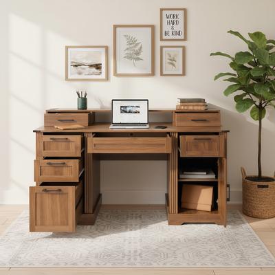 "59"" Farmhouse Office Desk With Charging Station & Storage Cabinet"
