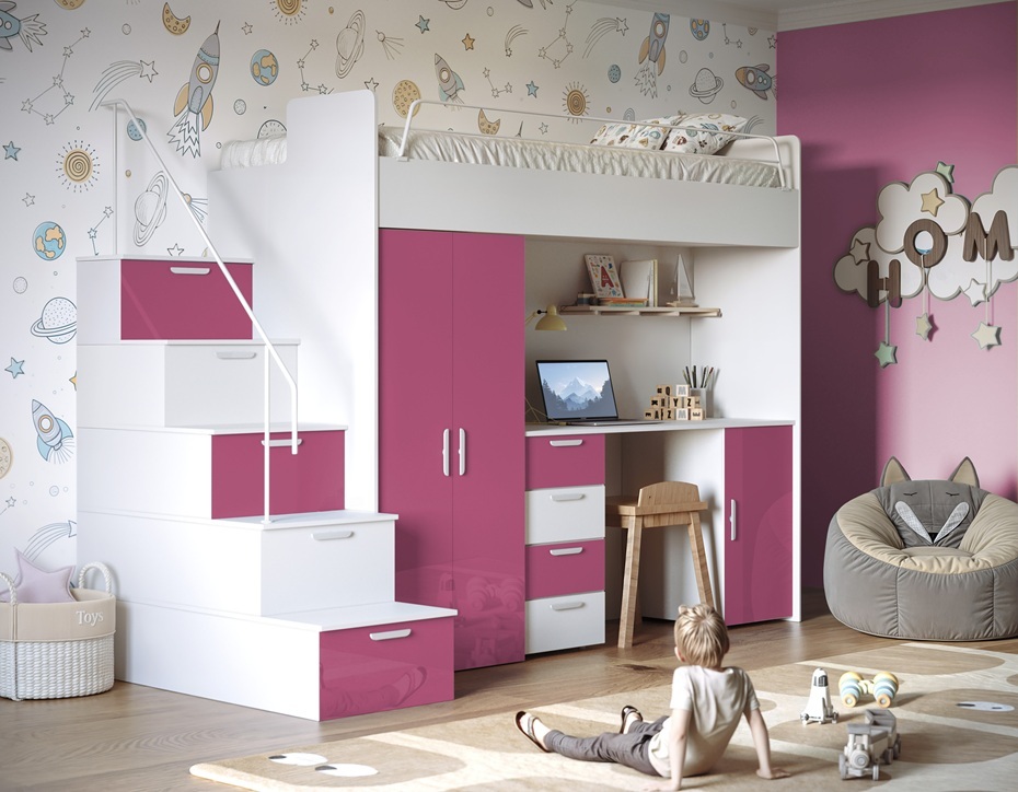 Etagenbett FELIX 4S, Hochglanz Kinderbett, Hochbett, OHNE Matratze und Lattenrost (Weiß + Rosa, Glanz)