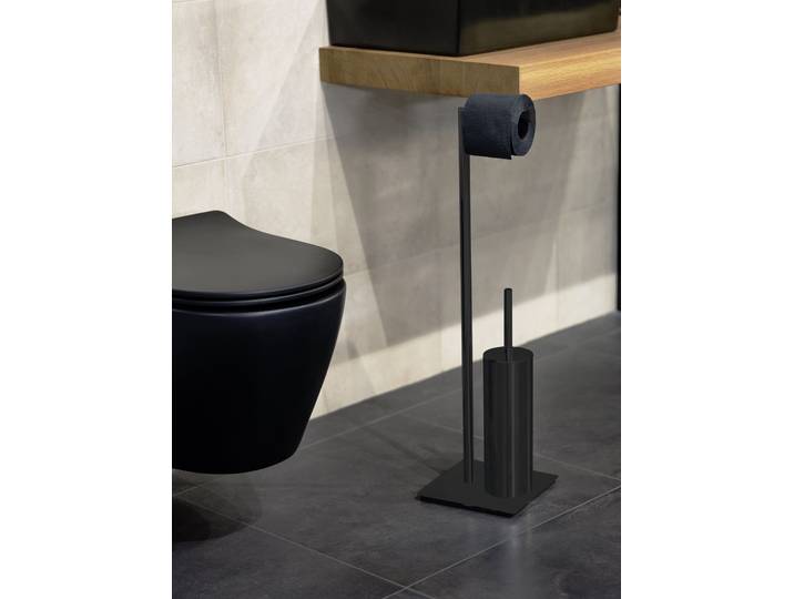 Set WC Recco Set WC sur pied : acier, laqué tête de brosse : plastique Noir/Noir 20 x 72 x 20cm