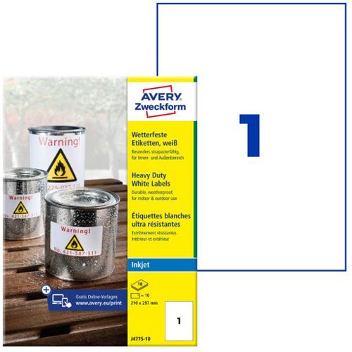 AVERY Zweckform 10 wetterfeste Folienetiketten J4775-10 weiß 210,0 x 297,0 mm