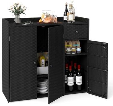 Costway Outdoor PE Wicker Storage Cabinet with 3 Doors and Adjustable Shelves and Drawer-Black