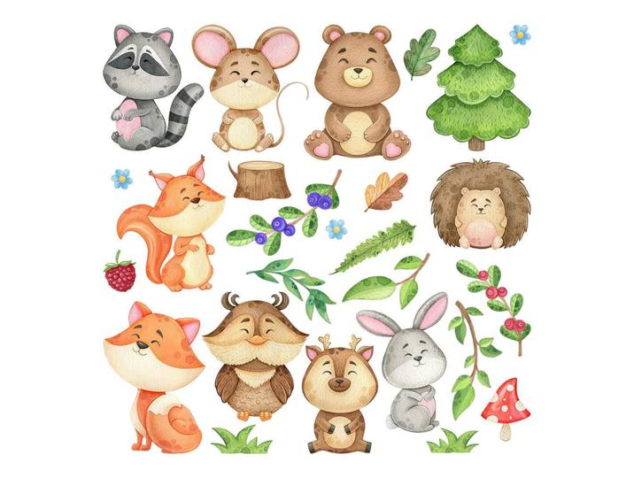 Wallfluent Wandaufkleber 80x86cm - Niedliche Tiere, Mehrfarbig, Kunststoff, Rechteckig, 80x86x0.1 cm, Tapeten & Wandverkleidungen, Wandtattoos & Sticker, Wandtattoos