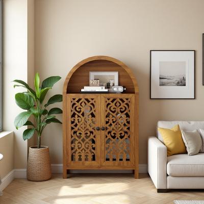 ZWYO HOSIMU "44.4"" Solid Wood Arched Cabinet with Hand-Carved Floral Design, Open Shelf & 2 Doors, Narrow Accent Storage for Entryway"