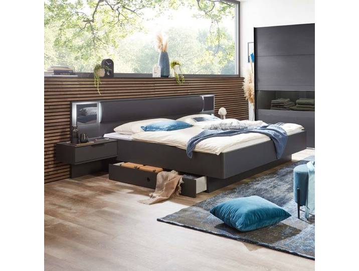Bett Bollullo Komfort mit Nachttischen, Beleuchtung und Schubkasten 180x200cm Schwarz modern, Mit höhenverstellbar