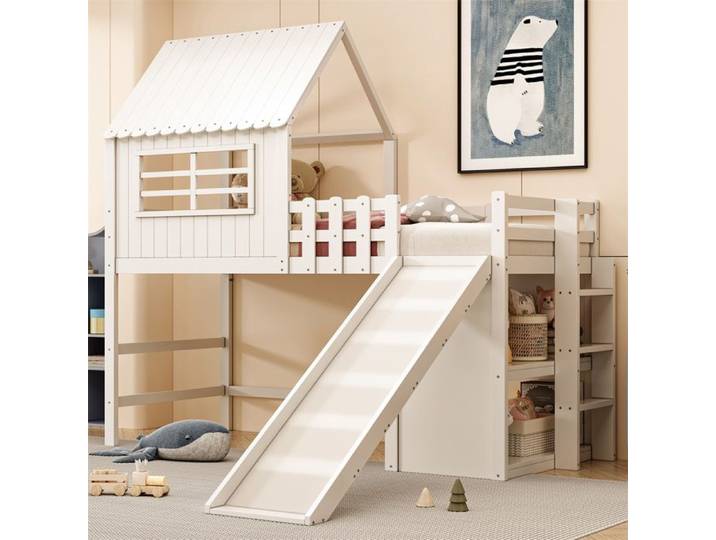 DRIPEX Lit superposé 90x200cm pour enfant avec échelle et toboggan compartiments de rangement sous le lit Lit multifonctionnel