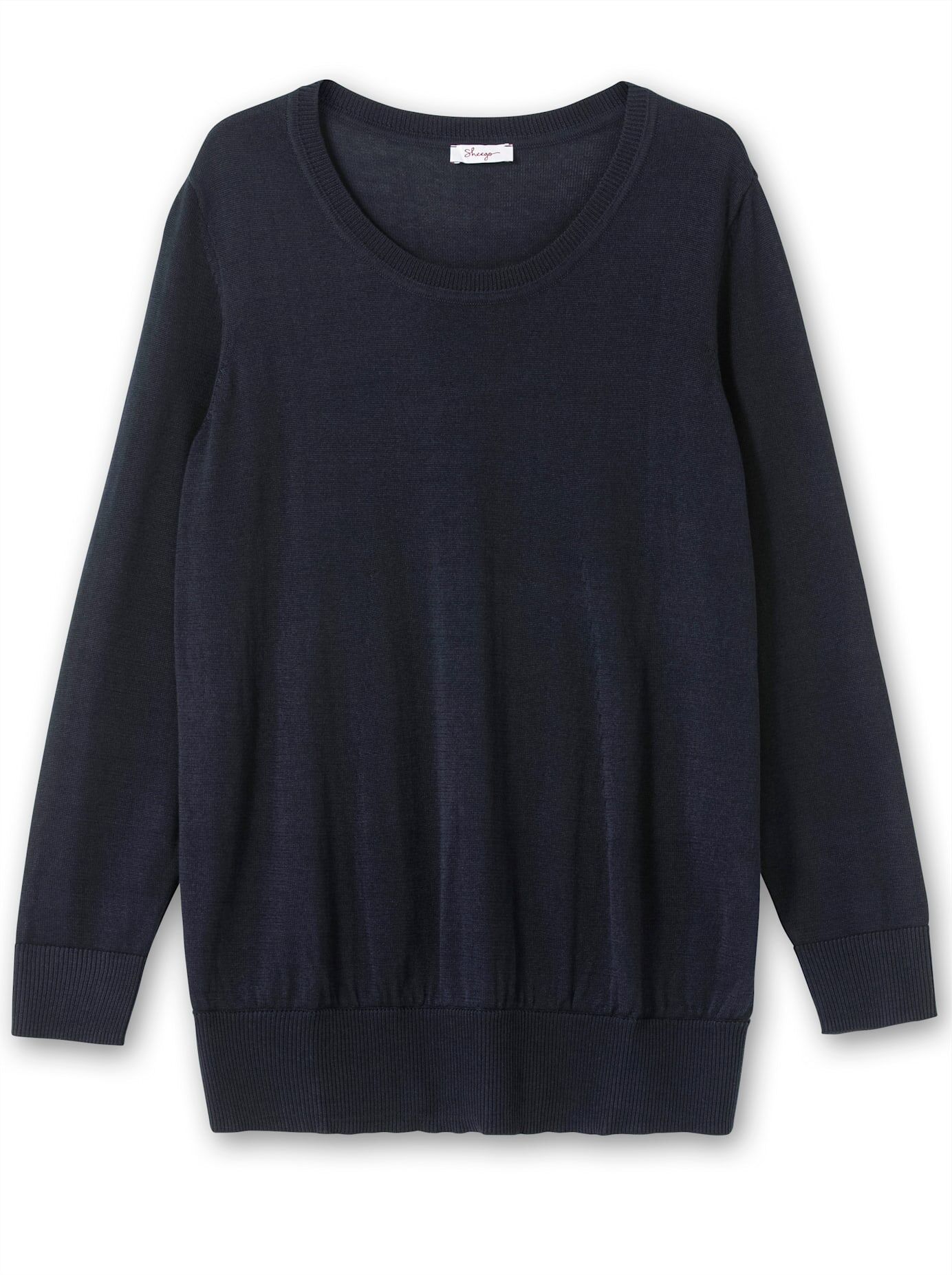 Rundhalspullover SHEEGO "Rundhalspullover", Damen, Gr. 44/46, blau (tiefblau), 60% Viskose, 40% Polyester, unifarben, Pullover Rundhalspullover