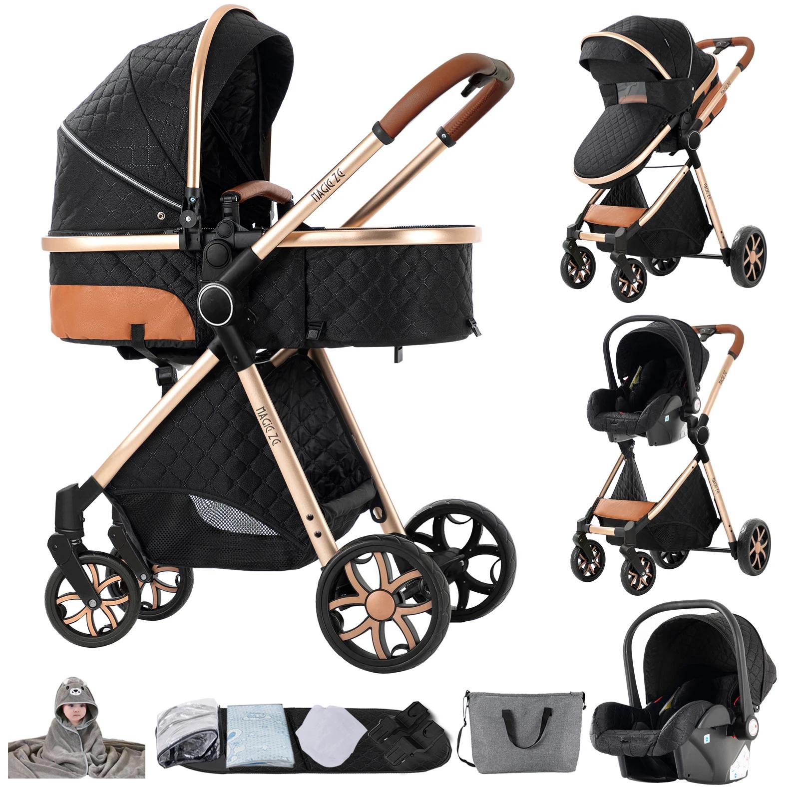 3-in-1-Babykinderwagen - Kombikinderwagen - Mit Babyschale - Mit Liegewanne - Faltbar - Leicht - Tragfähigkeit über 20 kg - Schwarz/Gold