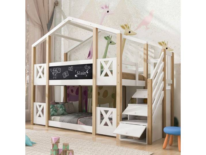 Lit enfant Lit superpose 90x200cm Lit surlev cabane avec escalier et espace de rangement et protection contre les chutes