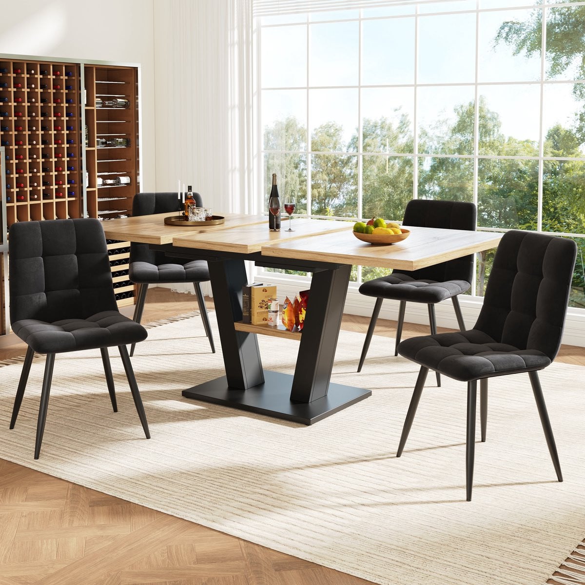MODFU Eethoekset met uitschuifbare tafel en 4 stoelen, Modern, Zwart/Naturel