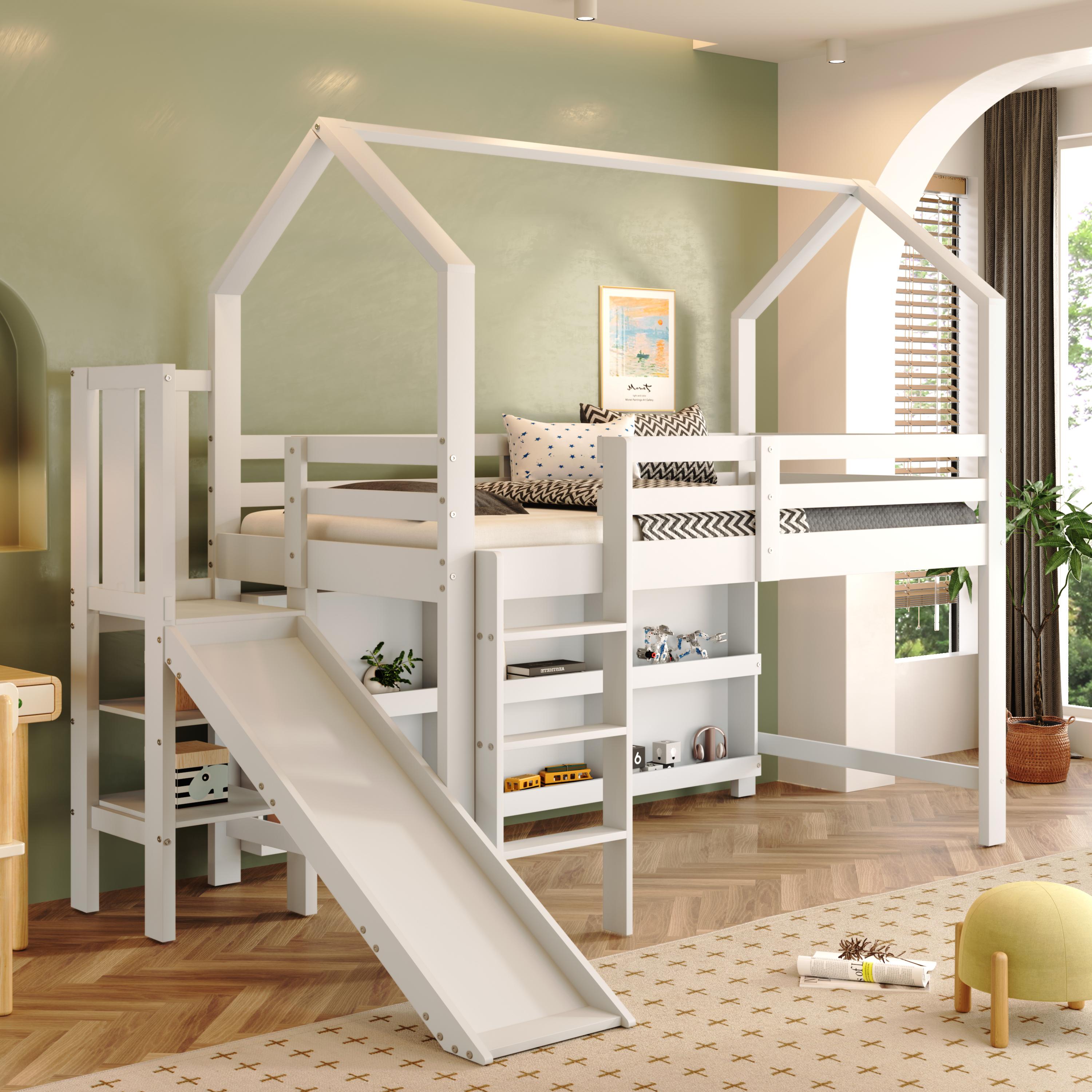 Abrihome Kinderbett 90x200cm mit Treppe, Schließfach und Lattenrost, Hochbett mit Rausfallschutz und Dach, Weiß