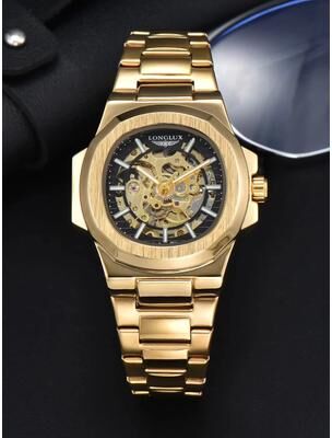 Inspired Finds LONGLUX Prestige Automatic Skeleton Watch For Men gold Black