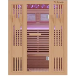 Dewello Finnische Sauna MINTO 150x130 Kabine aus Hemlock Tannenholz mit 4,5 kW Harvia Ofen, inkl Sauna Set