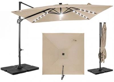 Costway 10 FT Cantilever Patio Umbrella with 32 Solar LED Lights and 220 LBS Base-Beige