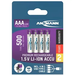 Ansmann 1311-0028 Micro AAA Lithium-Akkus Typ 500 (min. 400 mAh), Packung 4