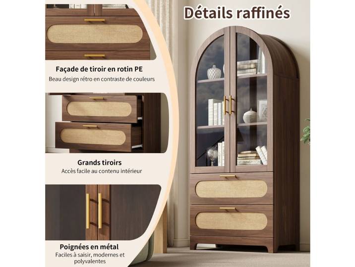 Vitrine bibliothèque Montmartre 80x40x175 cm en MDF noyer avec 2 portes en verre 2 tiroirs et 3 étagères réglables