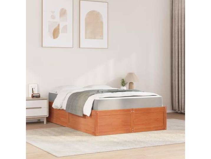 KTHLBRH Bett mit Matratze Braun Wachs 140 x 190 cm Massivholz Kiefer Matratze mit Taschenfederkern, inkl. Lattenrost, atmungsaktives Gewebe, mittlere Festigkeit
