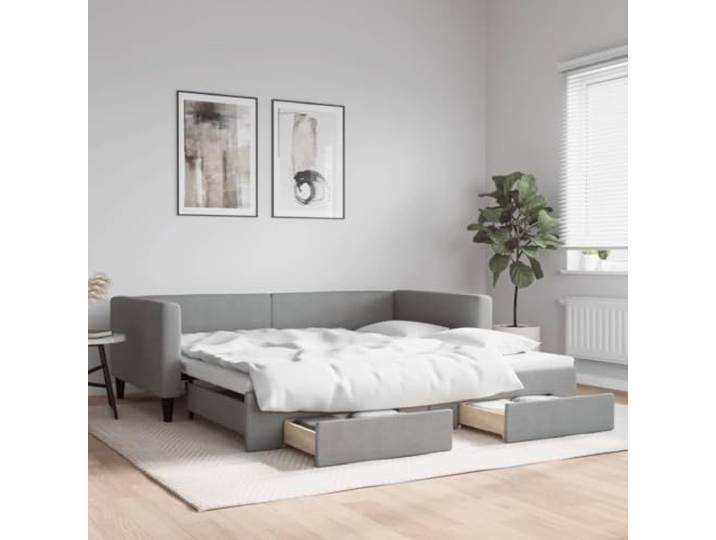 RJPLMFV 2-in-1-Tagesbett mit Ausziehbett und Schubladen, 100 x 200 cm Ausziehbares Sofa, Aufbewahrung mit 2 Schubladen, Struktur aus Holz und Metall, langlebiger Stoff