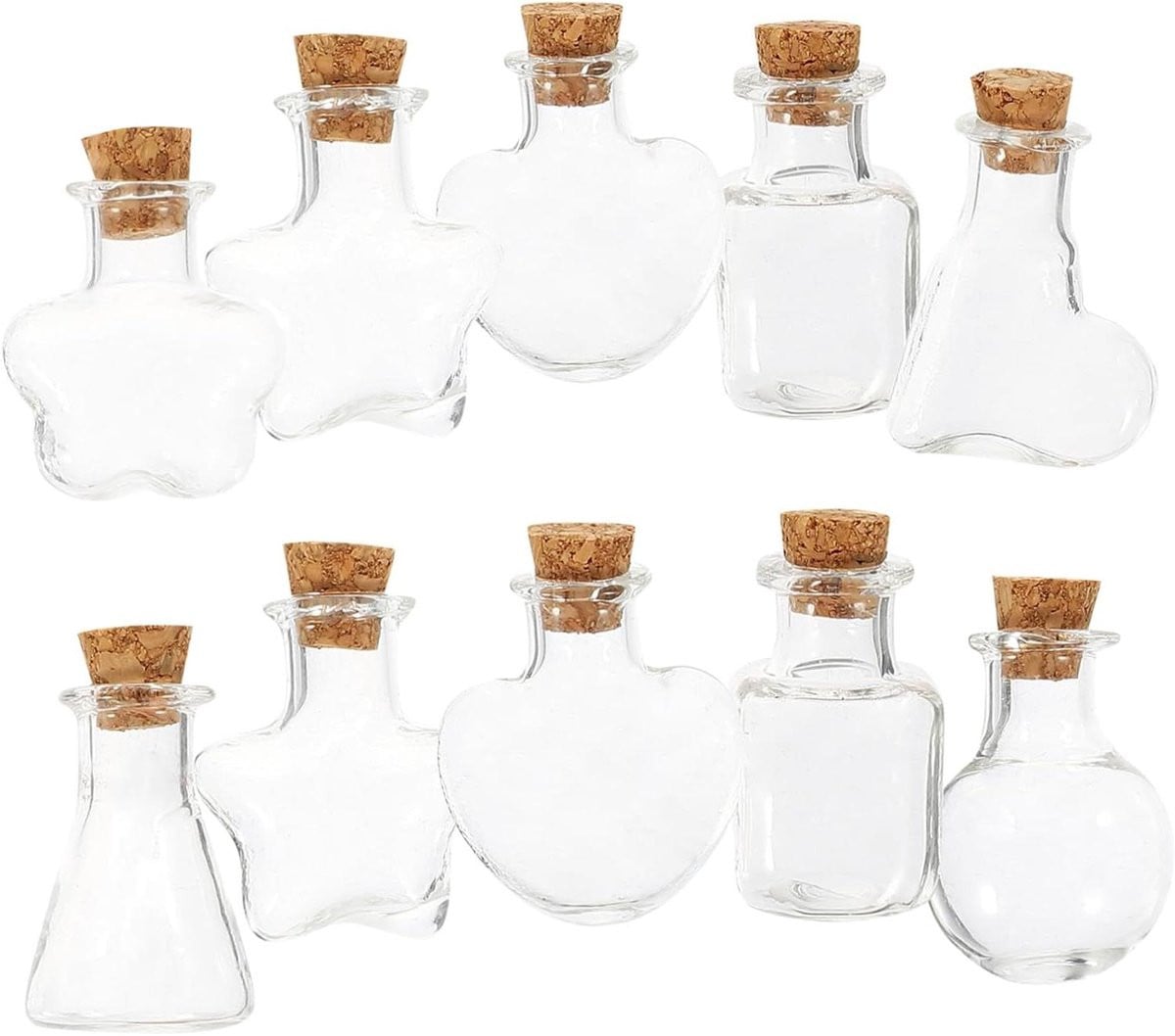 Set van 10 transparante glazen flesjes met kurk voor opslag en decoratie