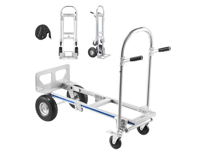 VEVOR Diable 2 en 1 Diable Pliant Convertible en Chariot pour Déménagement Manutention Domicile\, Bureau\, Entrepôt\, Supermarché\, Capacité Charge 453\,6 kg sur 4 Roues\, avec Poignée\, Roues Antidérapantes
