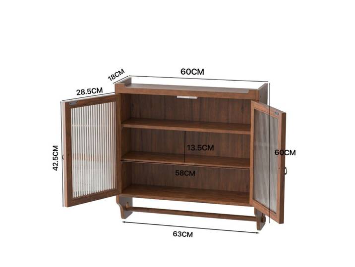 Armoire murale - ZEVKOR - Mod. 63x18x60 cm - 2 portes vitrées - 3 étagères - Bois vintage marron