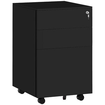 OKWISH Aktenschrank Rollcontainer aus Stahl Schwarz 37x44x60 cm abschließbar mit 3 Schubladen Rollen mit Bremsen Ordnerleiste verstellbar