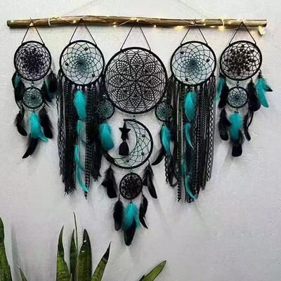 Inspired Living Boho Macrame Dream Catcher Wall Decor Set With Moon Design For Nursery & Home peacock Blue