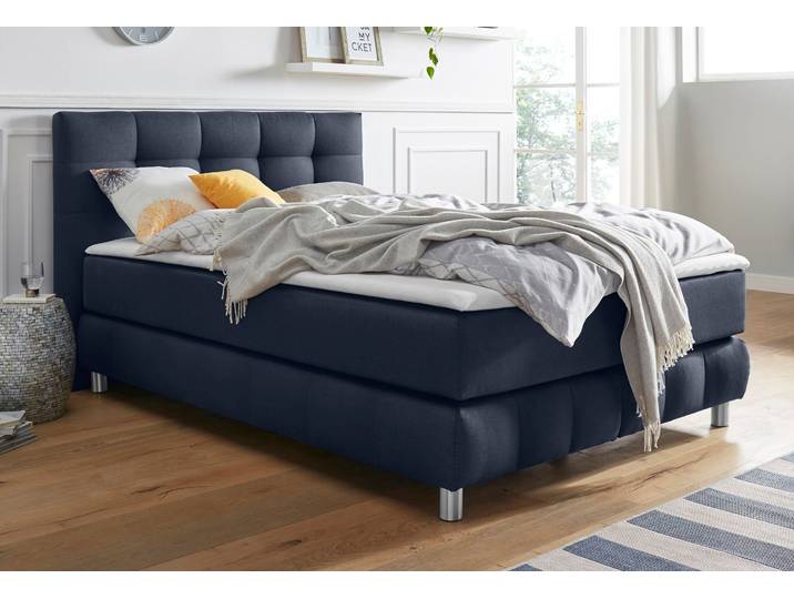 Boxspringbett, Strukturstoff, Blau, 154×211 cm, Tonnentaschenfederkern, Modern, andas