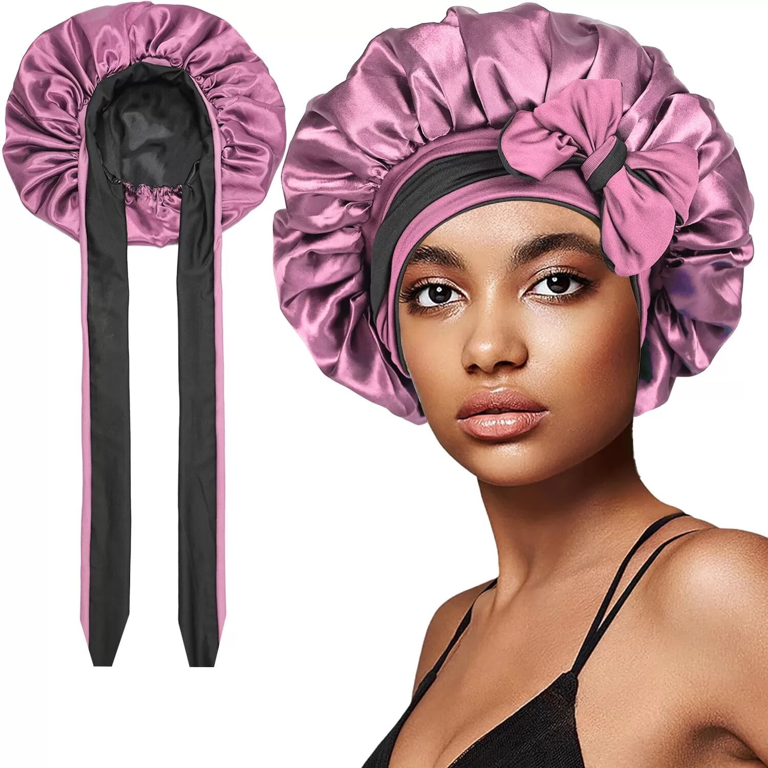 INF Bonnet de Nuit en Satin Double Épaisseur avec Sangles Réglables - Bonnet de Beauté pour Cheveux Rouge