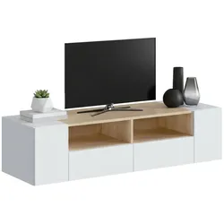 Dmora TV-Ständer Topeka, Wohnzimmer TV-Sideboard, Moderner Fernsehständer, Niedriges Mehrzweck-Sideboard, 138x42h36 cm, Weiß und Eiche