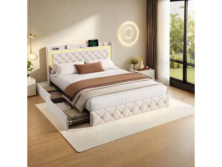 Lit double 140x200 cm avec lumières LED et 4 tiroirs - Lit coffre 140x200 cm avec sommier - Lit 140x200 cm - Tissu velours - Beige