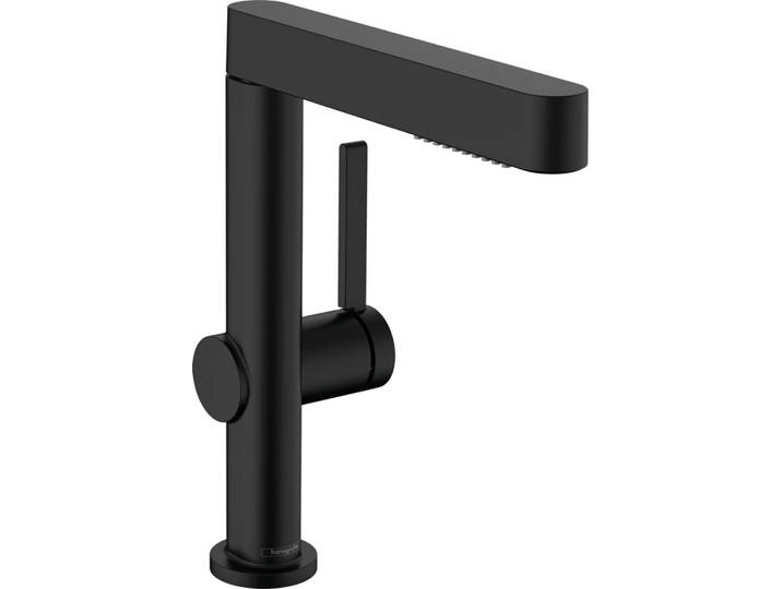 Mitigeur de lavabo monocommande Finoris de Hansgrohe\, modèle 230\, avec douchette extractible\, 2 jets et système de bonde à ouverture par simple pression\, finition noir mat