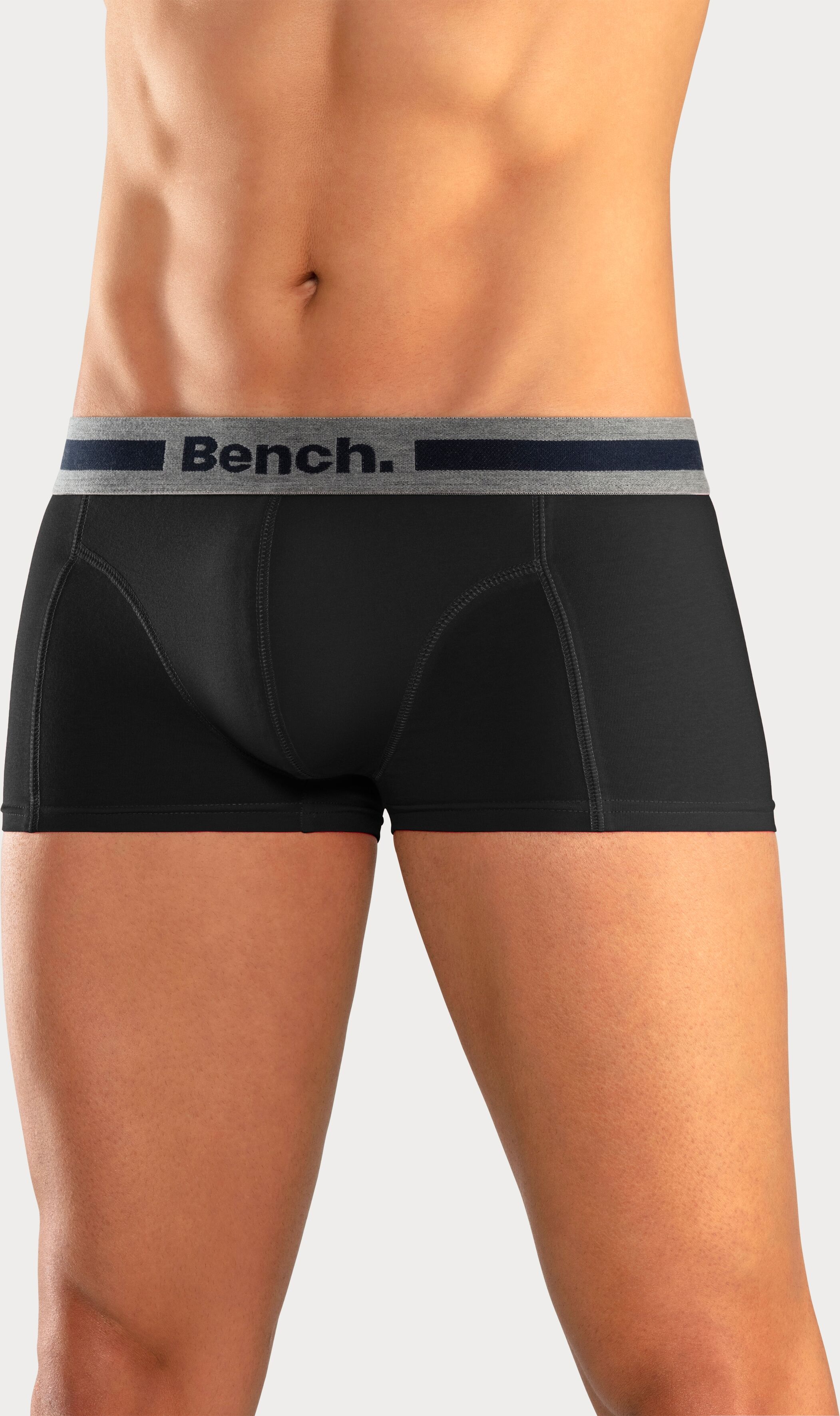 Hipster BENCH., Herren, Gr. XL, 4 Stk., Jersey, grau (schwarz, anthrazit, meliert), Jersey, Obermaterial: 95% Baumwolle, 5% Elasthan, unifarben, körpernah, Unterhosen Hipster, knapp sitzende Boxershorts aus Baumwollmischung schwarz, anthrazit, meliert XL,