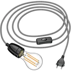 ledscom.de 3 m Textilkabel LEHA II Stecker, Schalter, Porzellan, schwarz/weiß + LED Lampe 1600lm warmweiß