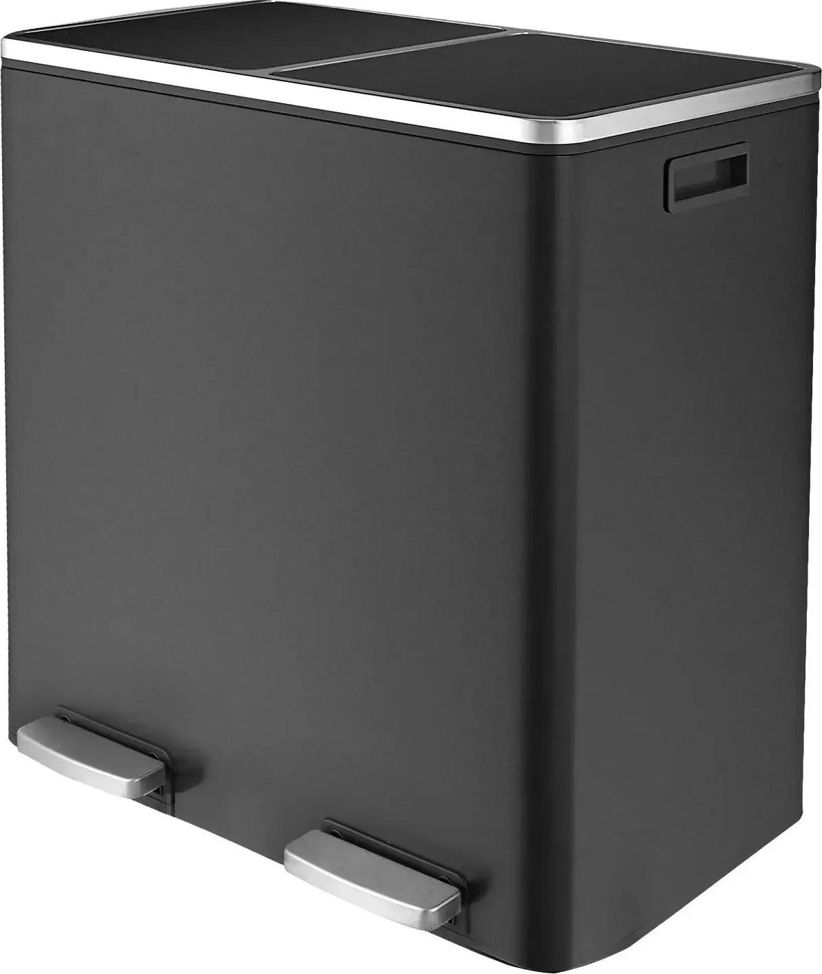 60 l Küchen Mülleimer - Tretmülleimer mit 2 Fächern - Edelstahl - Soft-Close Deckel - Recycling Mülltrennsystem - Schwarz