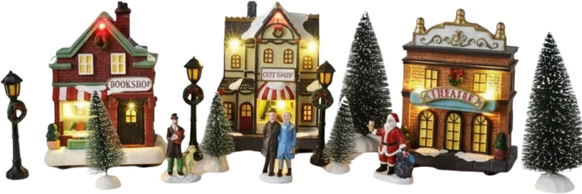 Lomera Kerstdorp met Multicolour LED-verlichting - 14-delig Wintertafereel op Batterijen