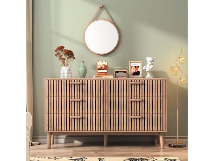 Commode 100x34x73cm - Commode de chambre 6 tiroirs à façade cannelée et pieds surélevés - Chêne naturel
