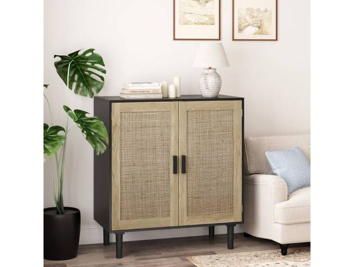 Meuble de rangement - FUNMOON - Rotin noir - 2 portes - 80 cm - Portes magnétiques