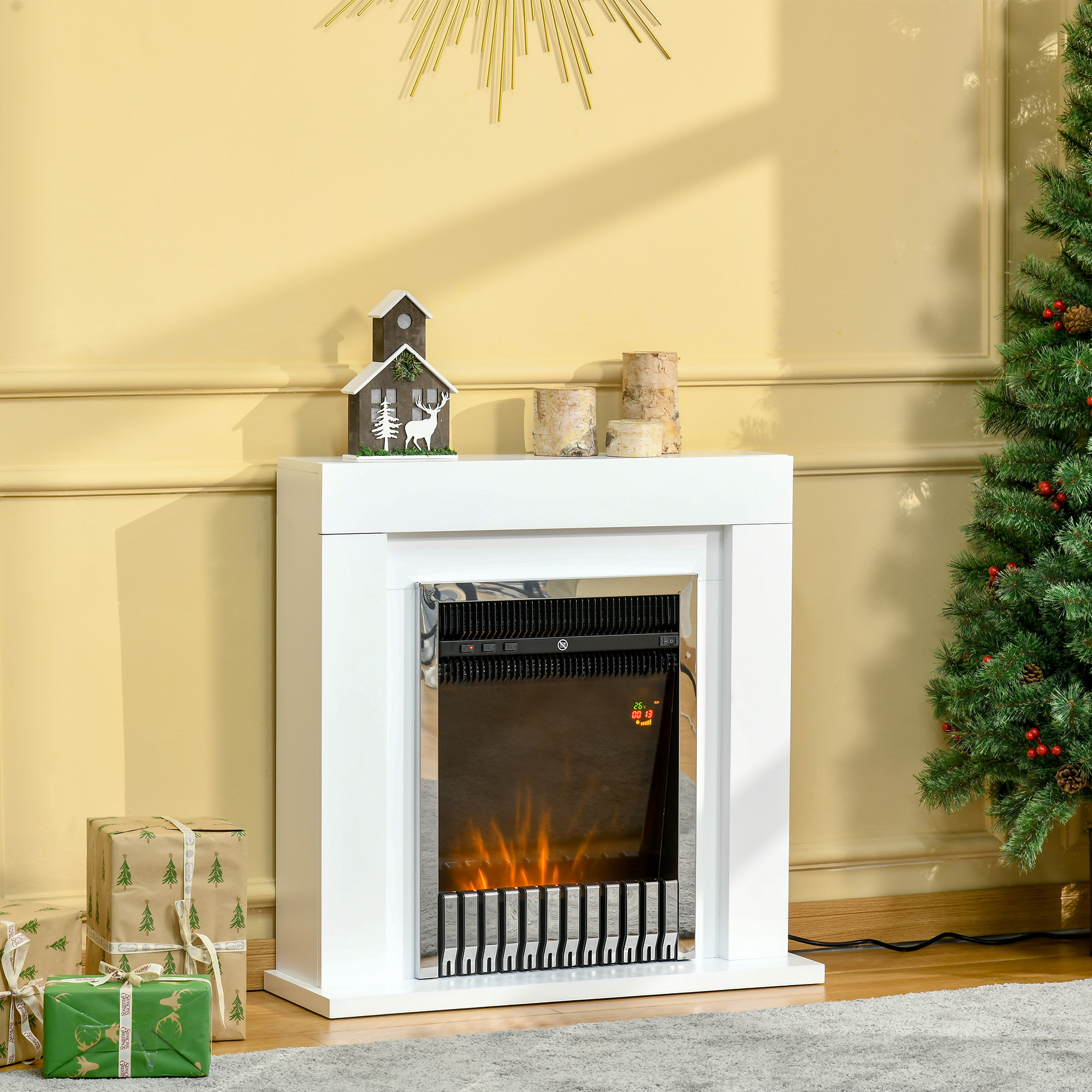 Homcom Camino Elettrico da Terra con Effetto Fiamma Realistico, Timer e Telecomando, 1000W e 2000W, 79x26x77.5cm, Bianco e Nero Aosom