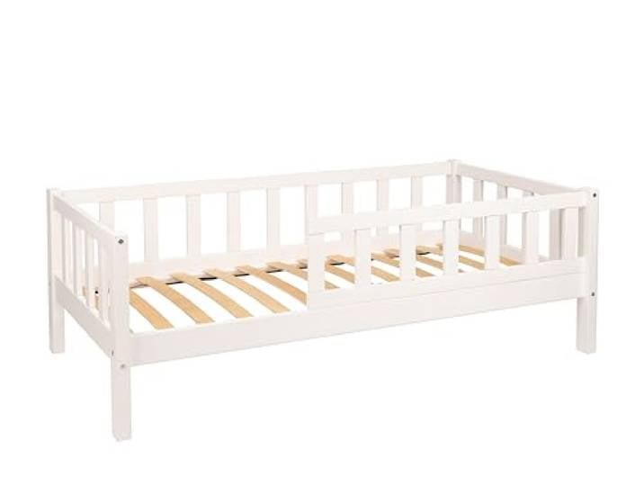 Alije Kinderbett Bett mit Rausfallschutz 90x200 Weiß Leo Lattenrost Bettgestell aus Kiefer Holz für Haus Kinder Jungen & Mädchen - Holzbett Baby Kinderzimmer Junge Deko