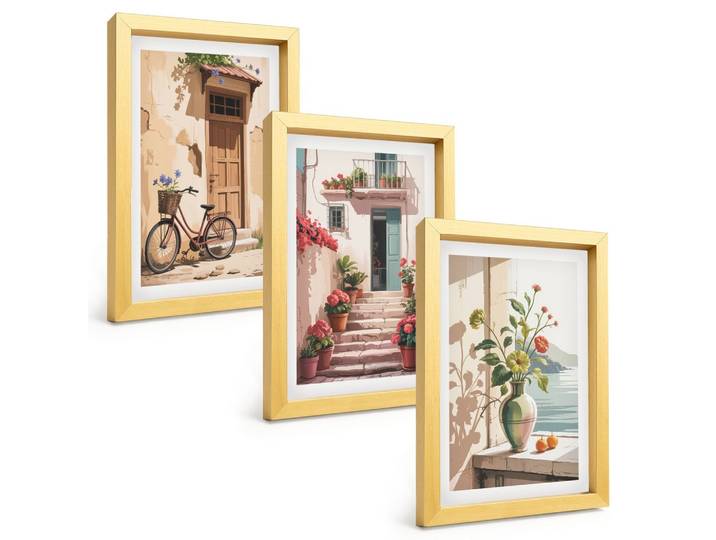 BILDER SET 3er Set - 20x30 cm Goldrahmen - Straßen, Blumen und Fahrräder