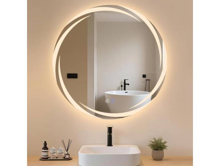 Miroir de salle de bain - NETTLIFE - Miroir rond 70 cm - Éclairage LED dimmable - IP44 - Style scandinave