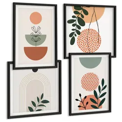 BILDER SET 4er Set - 50x50 cm & 40x60 cm Schwarzer Rahmen - Moderne Pflanzenmotive