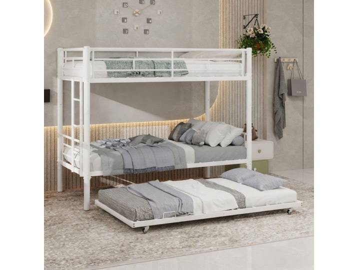 Lit superposé en métal 3 places - URTR - 2×90×190 cm - lit gigogne 90×180 cm - avec barrières de sécurité - sans matelas - blanc