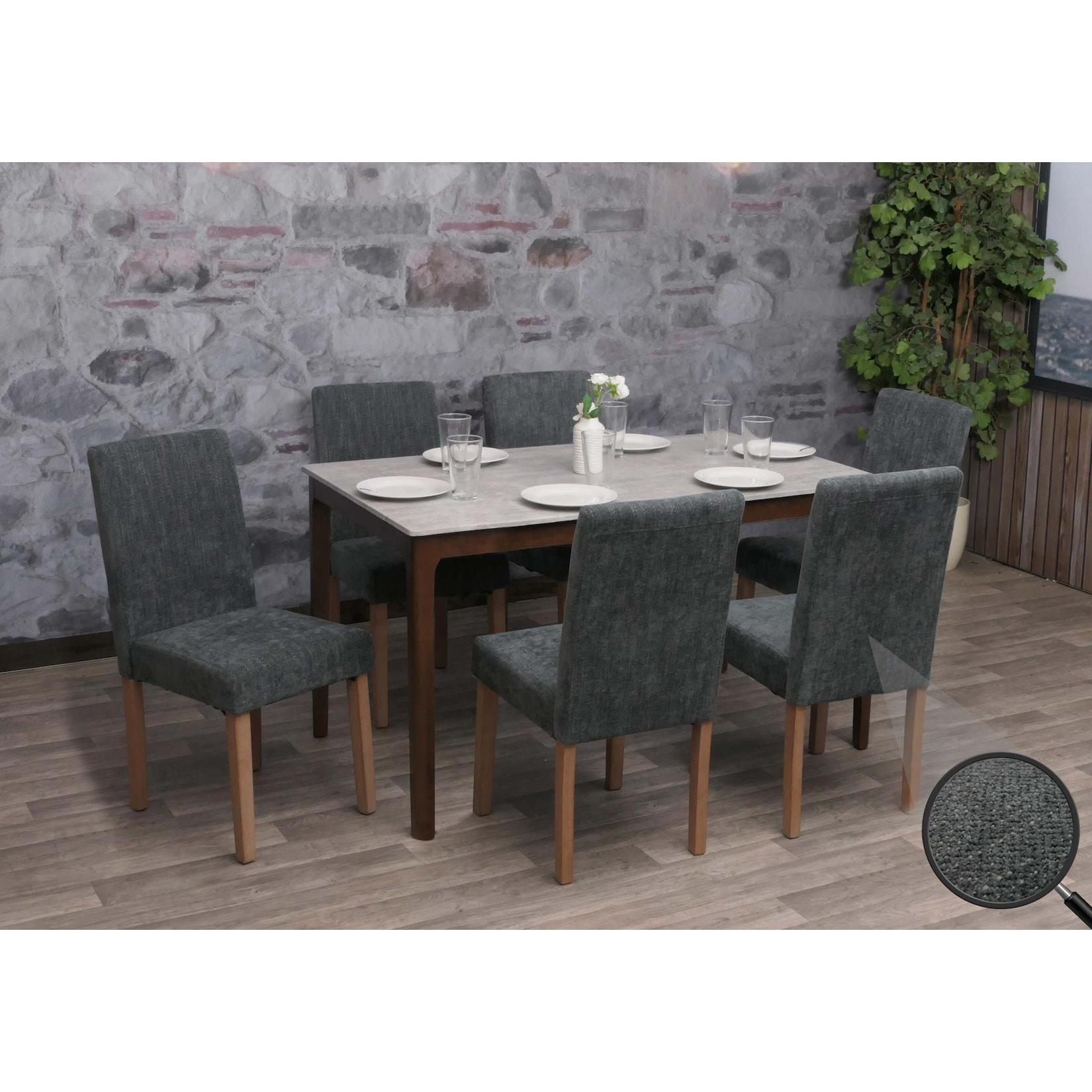 6er-Set Esszimmerstuhl Littau, Stuhl Küchenstuhl Hochlehner, Stoff/Textil Chenille Holz ~ dunkelgrau, naturfarbene Beine