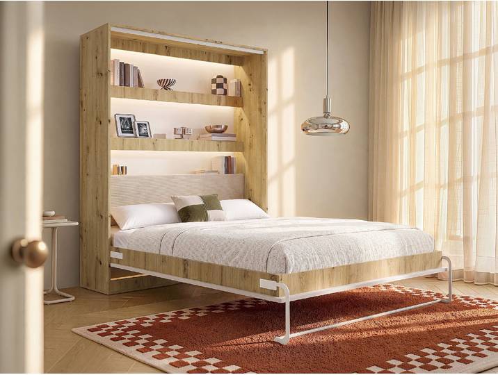 Schrankbett 140 x 200 cm mit Kopfteil aus Cordstoff - Vertikale Öffnung manuell - LED-Beleuchtung - Beige und Natur + Matratze - RAPILI