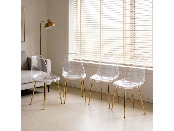 Lot de 4 chaises à cuillères en acrylique transparent pieds dorés Modernes Groupe de sièges transparents - Pour salon bureau